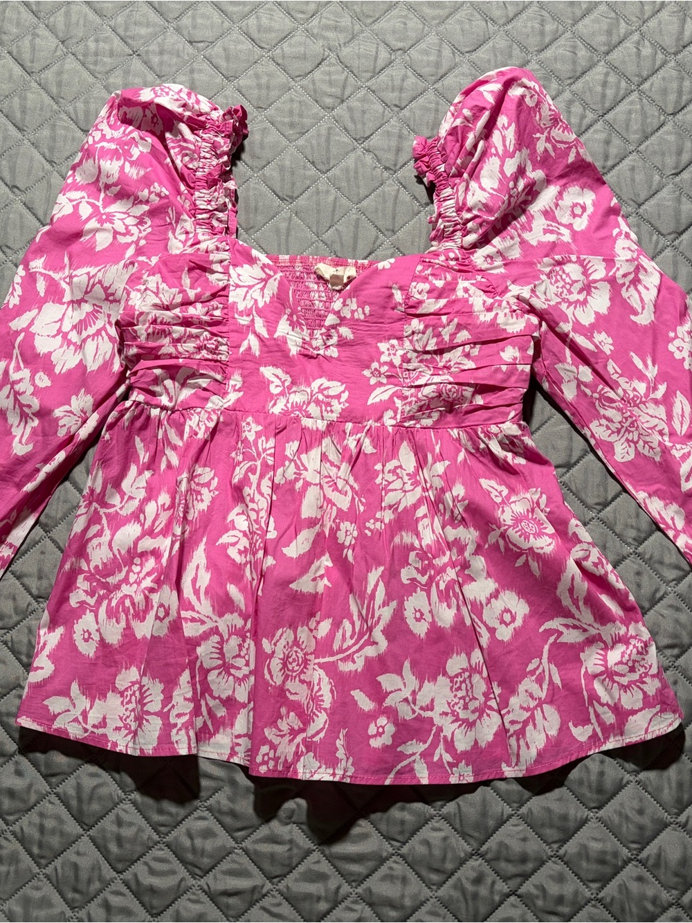 Entro Pink Floral Ruffle-Smock Square Neck Blouse NWOT Size M